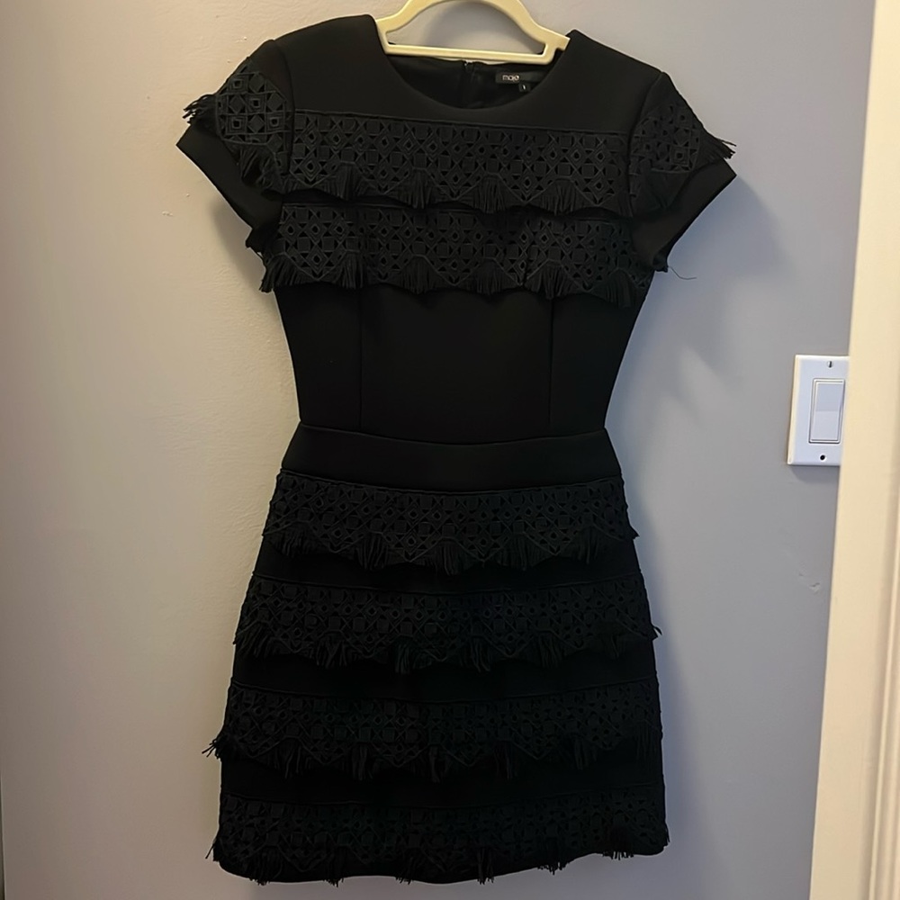 Maje Tiered Fringe Short Sleeve Black Dress